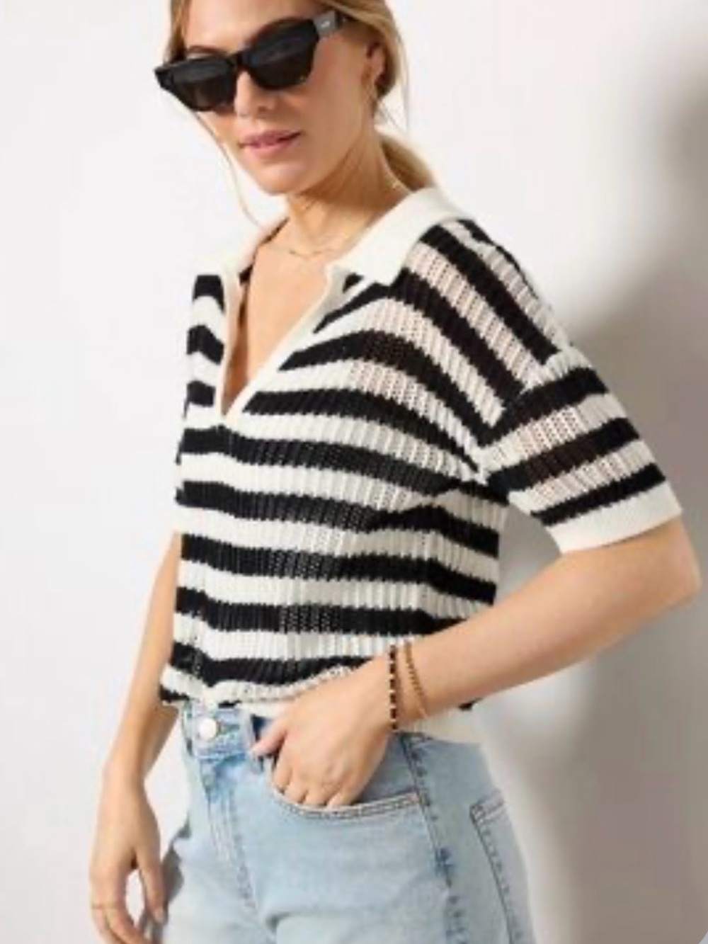Evereve Black & White Striped Knit Polo Sweater